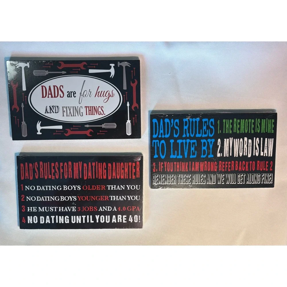 Set of 3 Funny Dad Rules Wall Signs 8x5 Man Cave Decor Father Gift